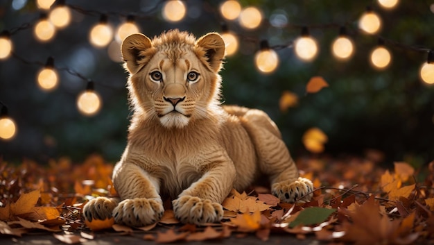 a lion cub is laying on a pile of leaves