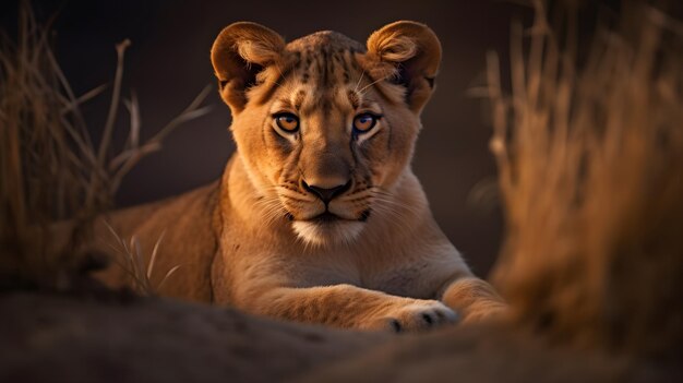 A lion cub is laying on a rock in the evening.