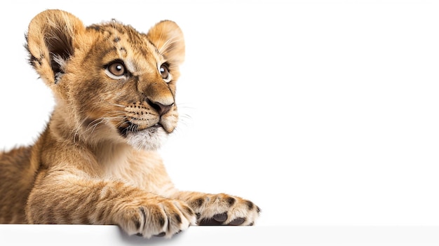 a lion cub is laying on a white background