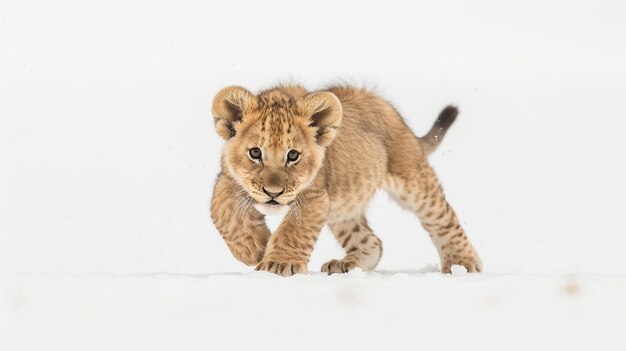 a lion cub is walking in the snow