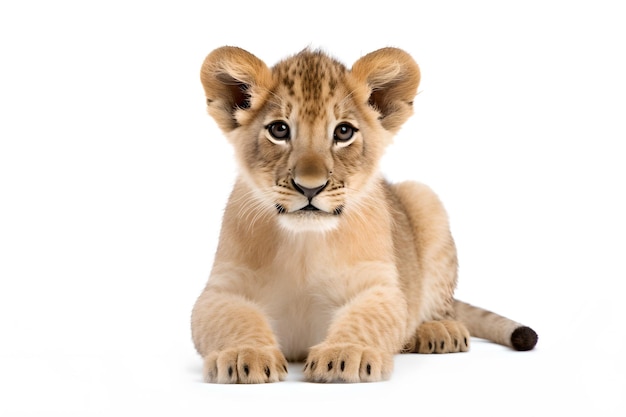 A lion cub laying down with its ears up.