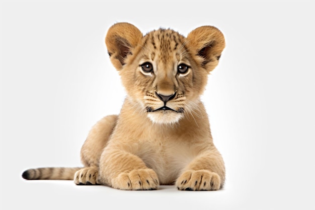 A lion cub laying on a white background