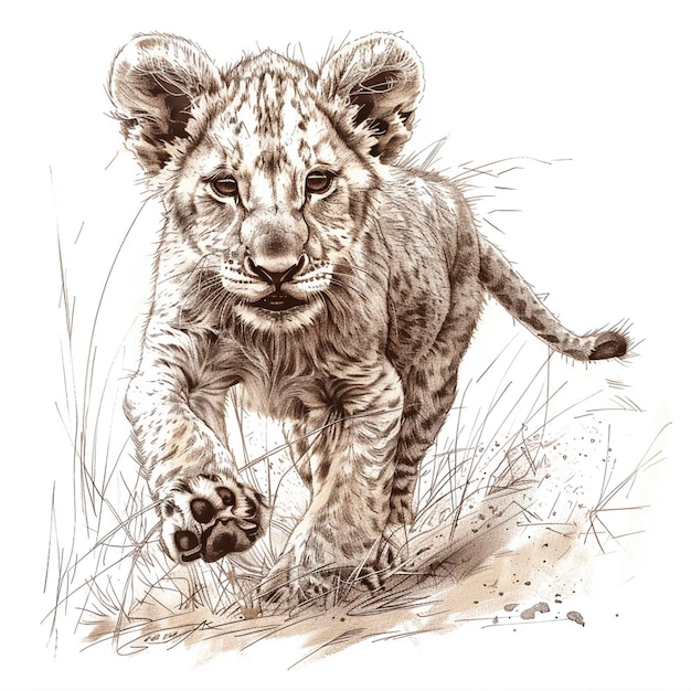 Lion cub playful isolated pencil drawing on white paper artwork