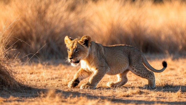 Lion cub plays joyfully in golden sunlight showcasing soft fur and playful spirit