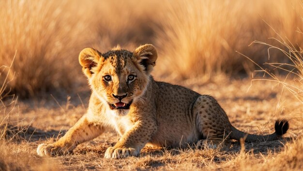 Lion cub plays joyfully in golden sunlight showcasing soft fur and playful spirit