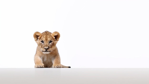 A lion cub sits in front of a white background.