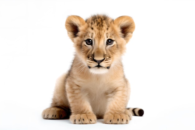 A lion cub sits on a white background