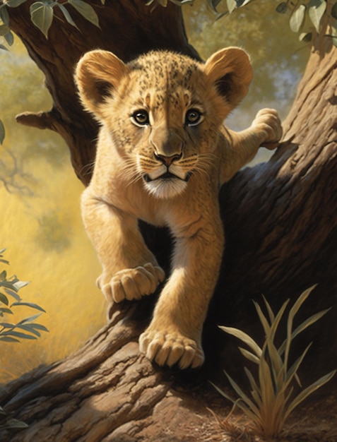 A lion cub on a tree