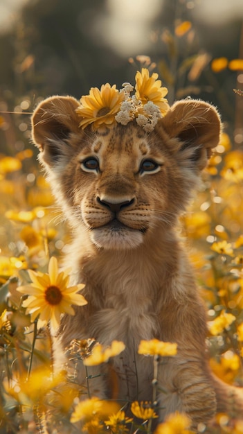 Photo a lion cub with a flower crown on his head