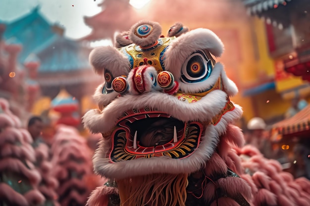 A lion dance in a chinese temple