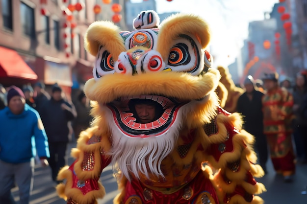 A lion dance performance in chinatown