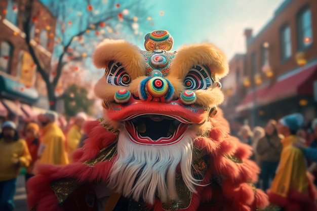 A lion dance performance in the chinese new year celebration.