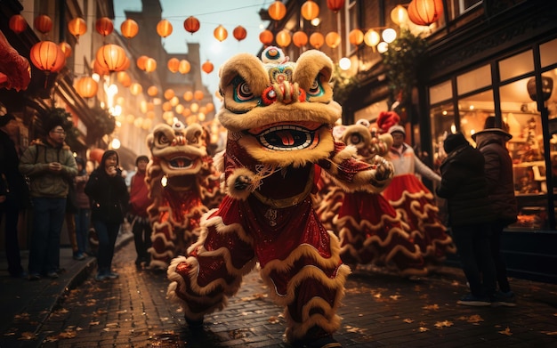 Lion dance performance in street at Chinese festival