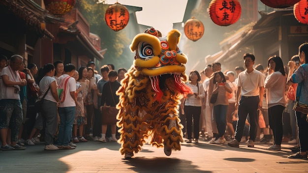 Lion Dance on the street of China town Chinese New Year