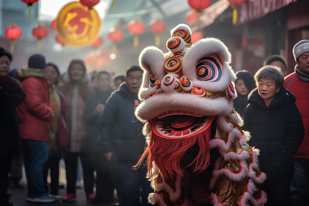 A lion dance in a street with people walking in the background