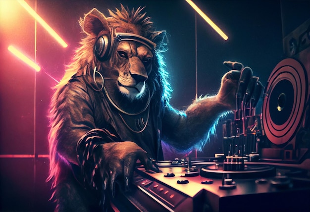 Lion DJ in action Anthropomorphic animal having fun at the trendy club night party Generate Ai