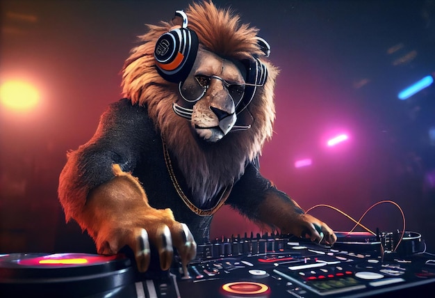 Lion DJ in action Anthropomorphic animal having fun at the trendy club night party Generate Ai