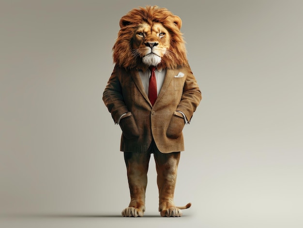 Photo a lion dressed in a suit poses confidently against a neutral background