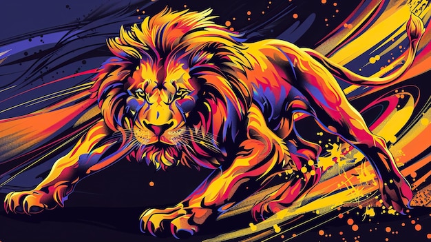 Lion dynamic pose mascot photoshop illustration bold double outline