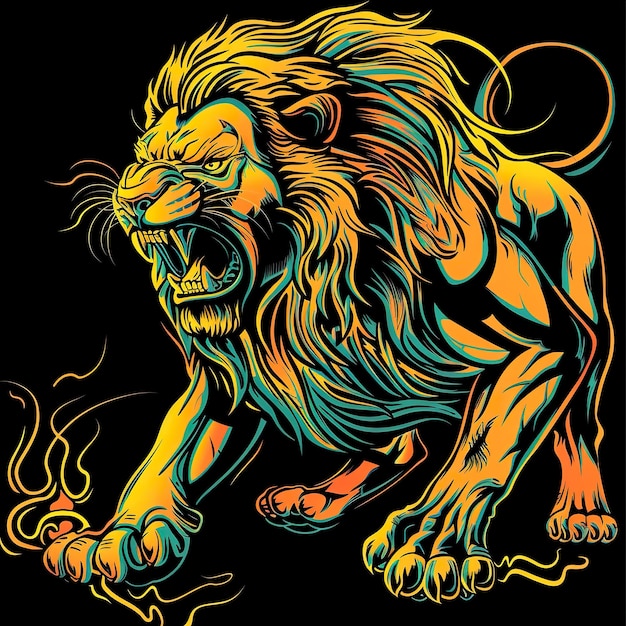 Lion dynamic pose mascot photoshop illustration bold double outline