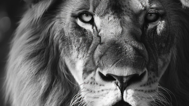 Photo lion face on monochrome color black and white image on dark background ai generated image