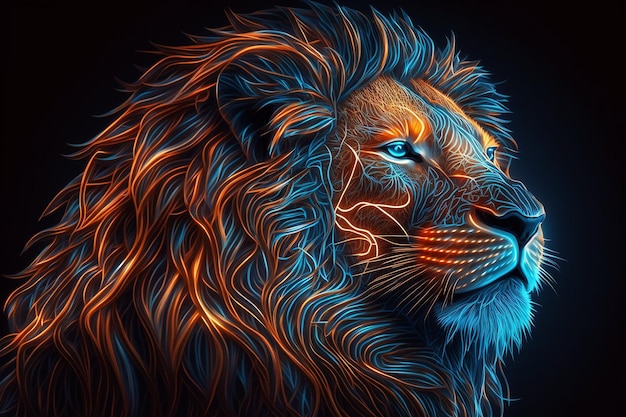 Lion face neon glowing wallpaper image Ai generated art