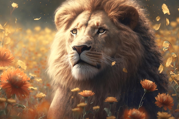 A lion in a field of flowers