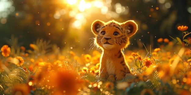 Lion in a field of poppies at sunset