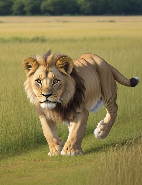 a lion in a field with a white stripe on its chest.