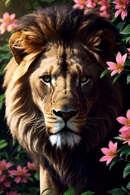 A lion in the flowers