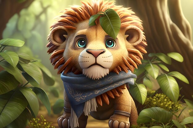 A lion in the forest with a scarf around his neck