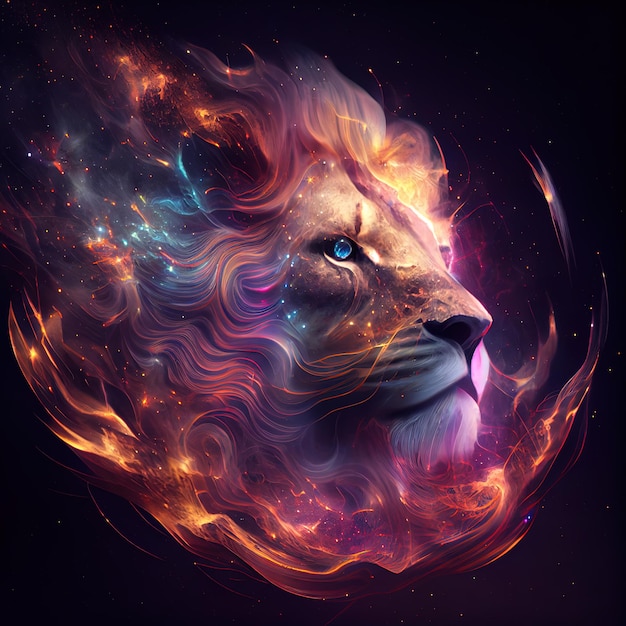 Lion from Galaxies spirals space nebula stars smoke AI render