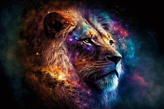 Lion galaxy nebulae face of Cosmic Lion. AI generated