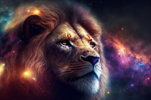 Lion galaxy nebulae face of Cosmic Lion. AI generated