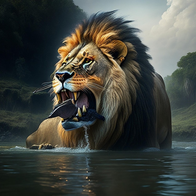 A lion goes down to the river and eats fish AI generated art