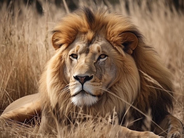 A lion in the grass with a black background