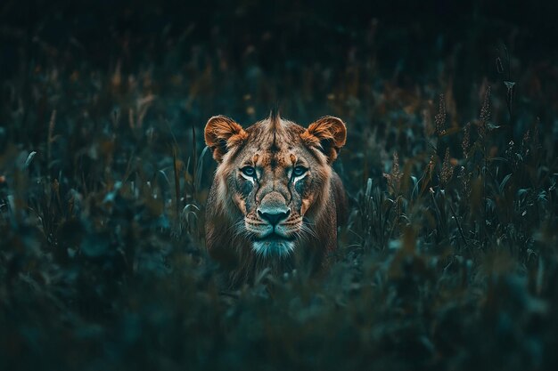 a lion in the grass with a dark background