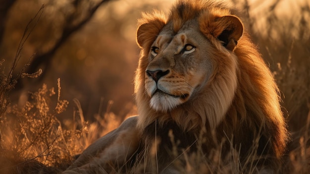 A lion in the grass with a sunset background