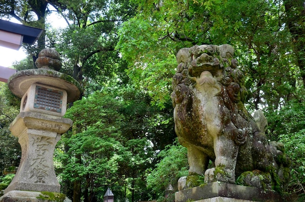 Lion guardian statue at Kasuga Shrine in Nara Japan