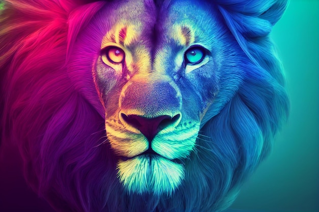 Lion head in bright neon acid colors Digital illustration