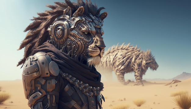 Lion head cyborg with cyberpunk style at desert with a scary face generative ai