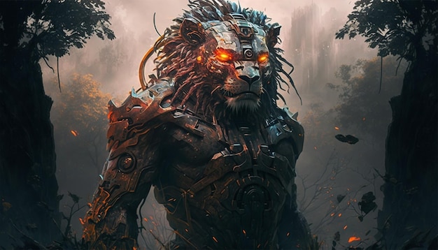 Lion head cyborg with cyberpunk style at volcano with a scary face and volcano background generative ai