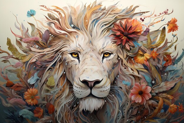 Lion head in flowers animal predator creative illustration