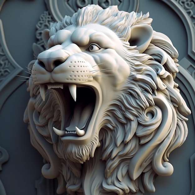 A lion head on a wall with a large mouth and a large toothy smile.