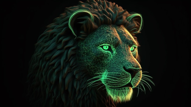 Lion head with green neon light on black backgroundgenerative ai