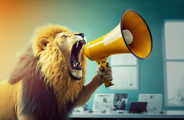 Lion holding yellow megaphone with its mouth open Generative AI