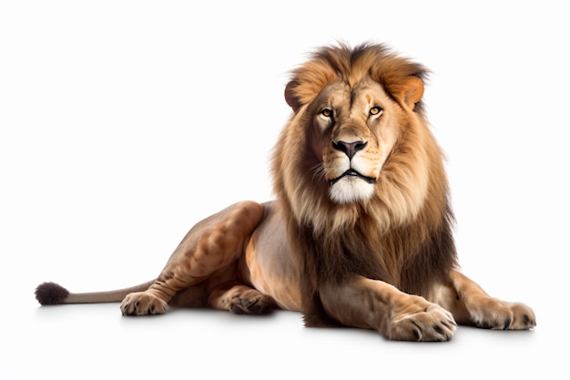 A lion is lying down on a white background