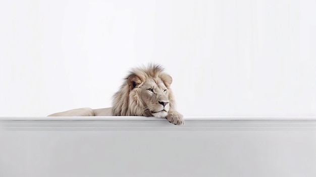 A lion is resting on a wall.