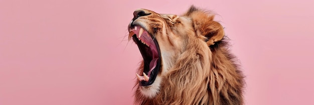 Photo lion is roaring with its mouth open showing its teeth the lion is standing on a pink background