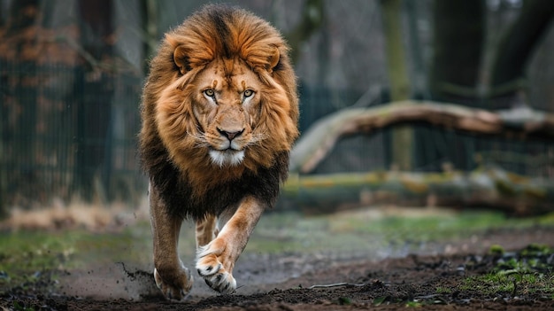 a lion is running in the woods with a log in the background